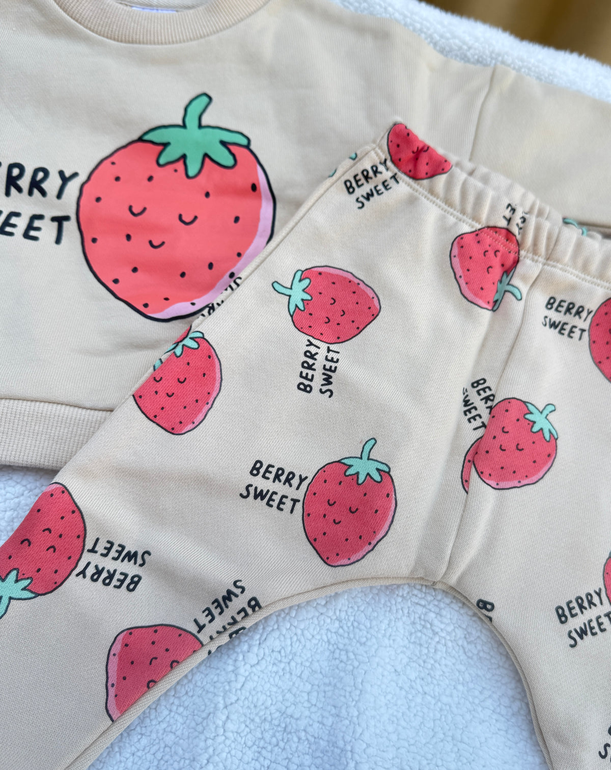 Berry Sweet kids matching set with cream sweatshirt and strawberry print pants by Step By Step Co.