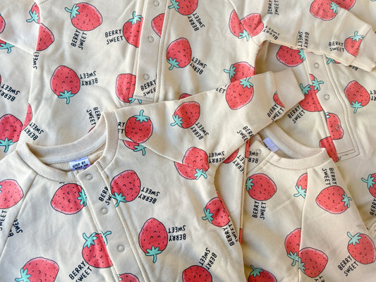Berry Sweet Coverall Growth Bundle with five strawberry print kids coveralls by Step By Step Co.
